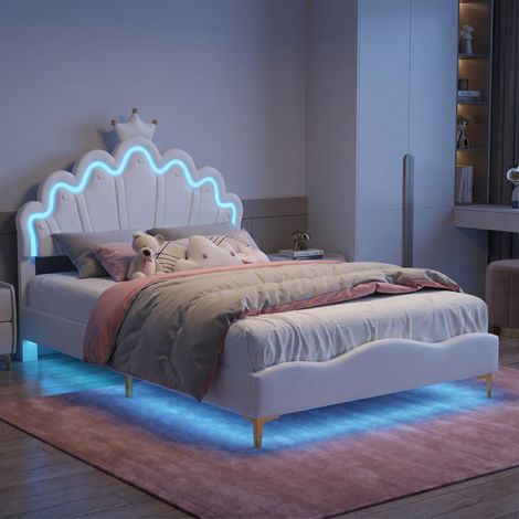 Lit 140x200cm avec tête de lit réglable en forme de couronne, Lit princesse avec sommier à lattes et éclairage LED, Lit double pour adolescent et adulte, PU, Blanc, sans Matelas (1/5)