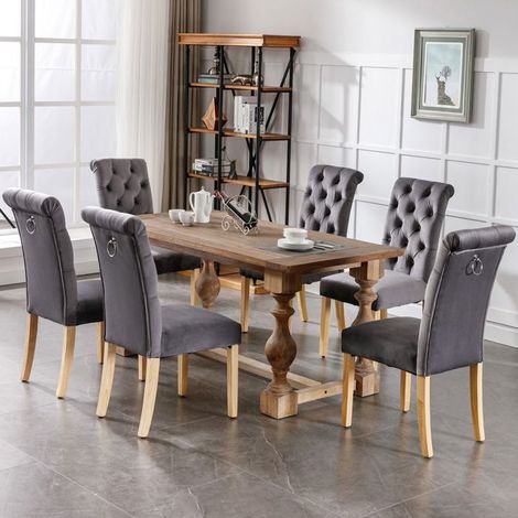 Chaise de salle à manger lot de 6, assise velours gris Chaise rembourrée, pieds en chêne, dossier capitonné, heurtoir chromé (1/5)