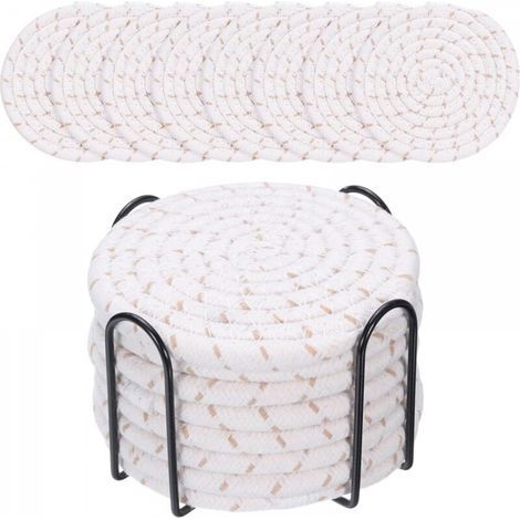 Ensemble de sous-verres ronds bohèmes en coton doré pour table à manger, coussin isolant épais, tapis rond pour thé (avec support), 8 pièces (1/5)