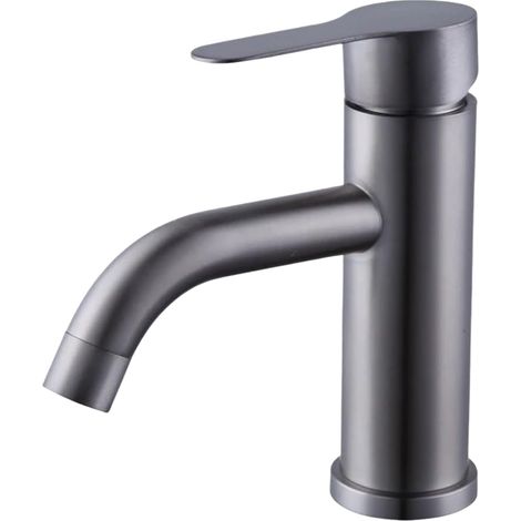 Grifo monomando de agua fría y caliente, codo de acero inoxidable gris, un orificio, con manguera de 60 cm. (1/4)