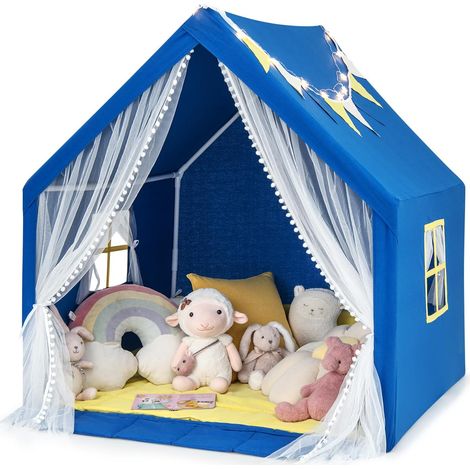 COSTWAY Tienda de Campaña Infantil de Juego, Casita para Niños con Alfombra de Algodón Lavable, Luces de Estrellas, Ventanas, Tienda de Juego de Fantasía para Niños, 122 x 105 x 125 CM (Azul) (1/5)