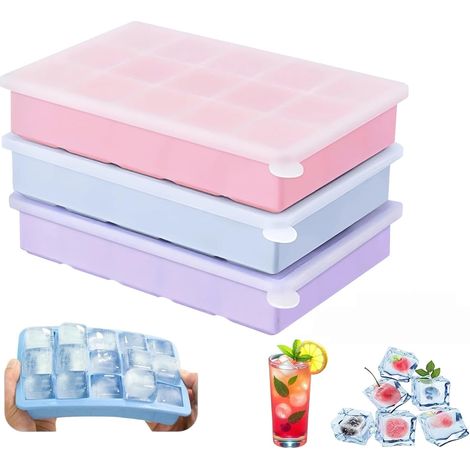 3-teiliges Silikon-Eiswürfelform-Set, 45 Fächer, für 3,5 cm große Eiswürfel, BPA-frei, Deckel, für Cocktails, Whisky, Kaffee (rosa + blau + lila) (1/4)