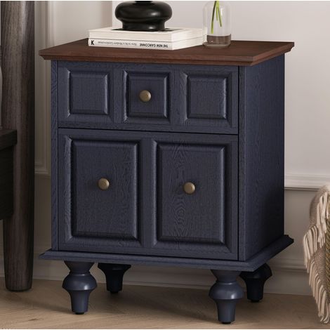 Lit table de chevet vintage MDF bleu foncé 52x40x60,5 cm, 2 tiroirs, pieds style colonnes romaines (1/5)