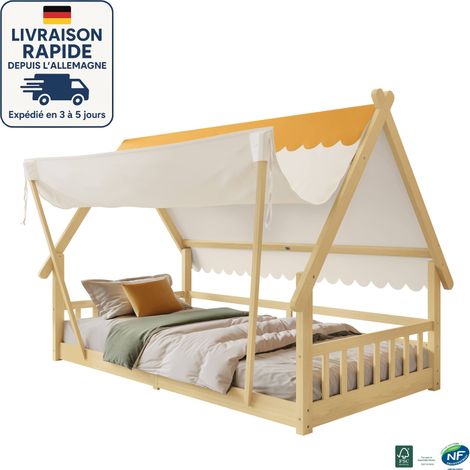 Lit enfant 90x190cm - Lit cabane enfant - Tente amovible, sommier à lattes stable avec rails de sécurité - Bois Certifié PEFC - Pin + contreplaqué - couleur naturelle (1/5)