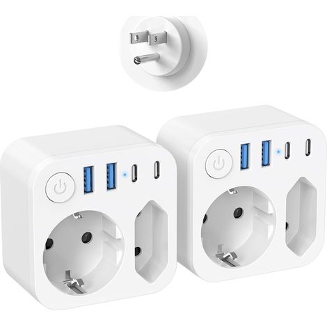2 pièces Adaptateur de voyage USA Allemagne - Prise de voyage Type B avec 4 USB (2 Type-C), Adaptateur de voyage avec interrupteur pour Thaïlande, Canada, Amérique, Mexique (EU vers US) (1/5)