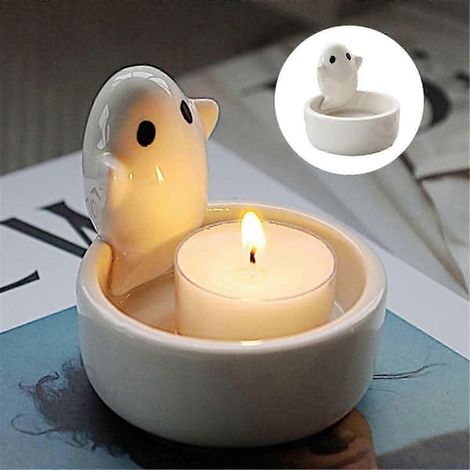 Décorations d'Halloween 2026 : Bougie parfumée en céramique pour l'extérieur, petit fantôme mignon, ornement. (1/5)
