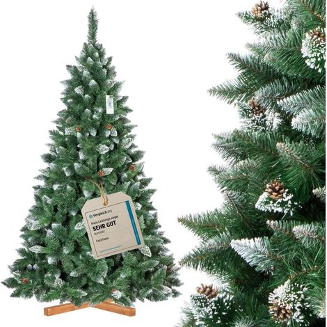 FairyTrees Weihnachtsbaum künstlich 220cm Kiefer mit Christbaum Holzständer Tannenbaum künstlich mit Natur-Weiss beschneit Made in EU (1/5)