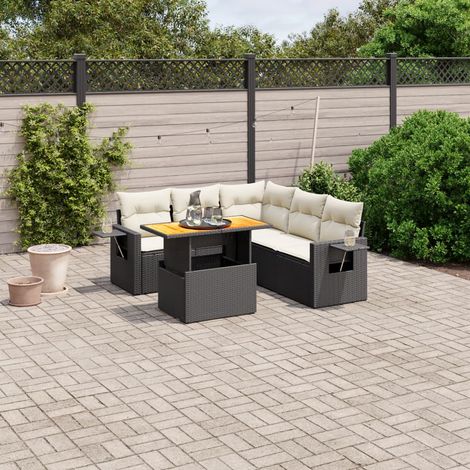 Ensemble Salon Jardin 6 Places Résine Tressée Noir avec Table Réglable et Coussins Crème - Mobilier Extérieur Modulaire (1/3)