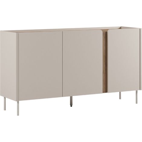 Buffet 3 portes 150cm en mélaminé beige et imitation bois avec découpe graphique bandeau - LIWENN