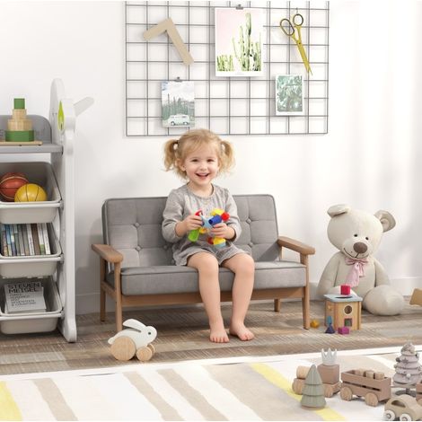 Sofá infantil de 2 plazas, aspecto terciopelo, madera, gris OKMYHOME (1/5)