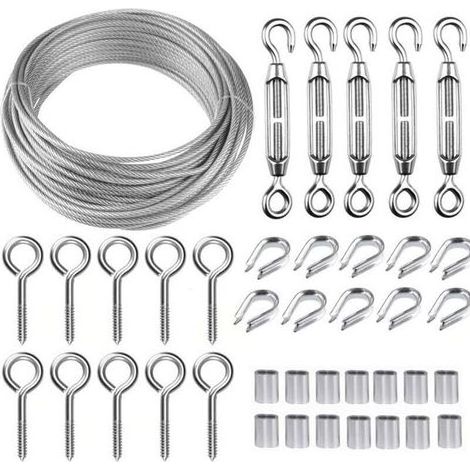 Kit de cble mtallique en acier inoxydable de 30.5 m avec tendeur de fil robuste M5, kit de rouleau de fil de clture, kit de garde-corps de cble, tendeurs de fil de jardin pour plantes grimpante (1/5)