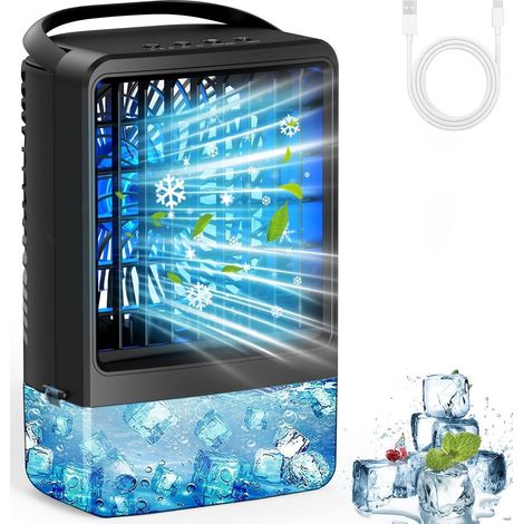 Piccolo condizionatore d'aria portatile USB, ventilatore per ghiaccio, soffiatore d'aria fredda, 2 porte di nebulizzazione, 3 velocità del vento e 7 luci LED colorate, nebbia fredda e timer, raffresca