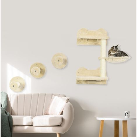 Arbre à chat mural avec 3 plateformes, griffoir et hamac, beige et blanc crème HAVRYA (1/5)