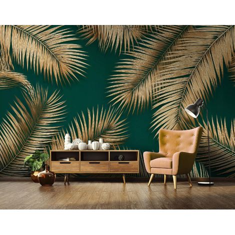 Fototapete Blätter Glamour Grün, für Wohnzimmer und Schlafzimmer, 150 x 105 cm – Komplettset inkl. Kleister & Anleitung (1/5)