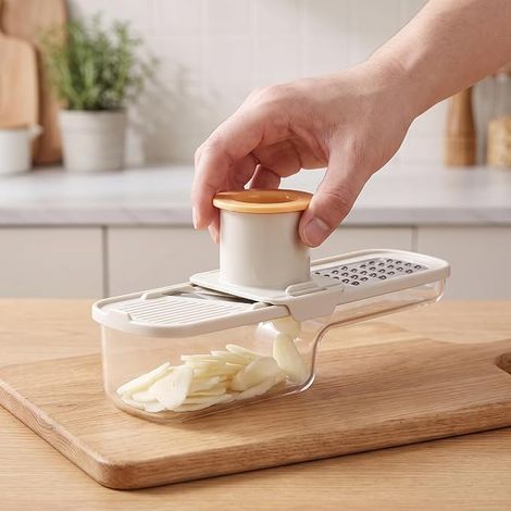 Mini Garlic Slicer, Grater, Cutter with Container for Grinding Grating and Slicing Ginger Vegetables Kitchen Tool (White) (1/4)