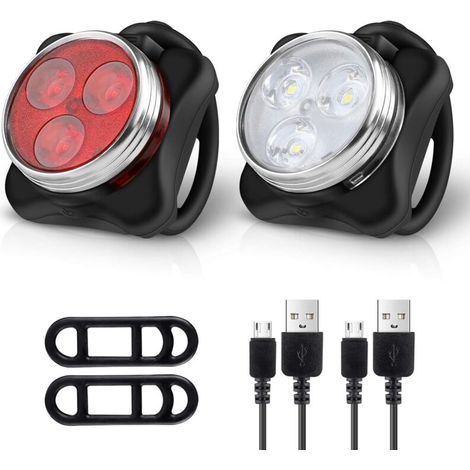 Kit d'éclairage vélo rechargeable, phare avant ultra-lumineux et feu arrière LED (2 câbles USB et 4 sangles inclus) (1/5)