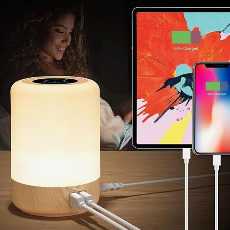 Touch-Nachttischlampe – 1 Stück – Mehrfarbige LED – 4 USB-Anschlüsse – Nachtlicht für Wohn-/Schlafzimmer – Weiß (1/5)