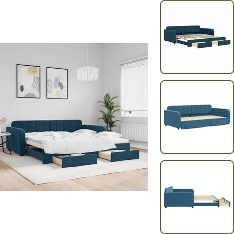 The Living Store Tagesbett Ausziehbar mit Schubladen Blau 100x200 cm Samt - Schlafsofa (1/5)