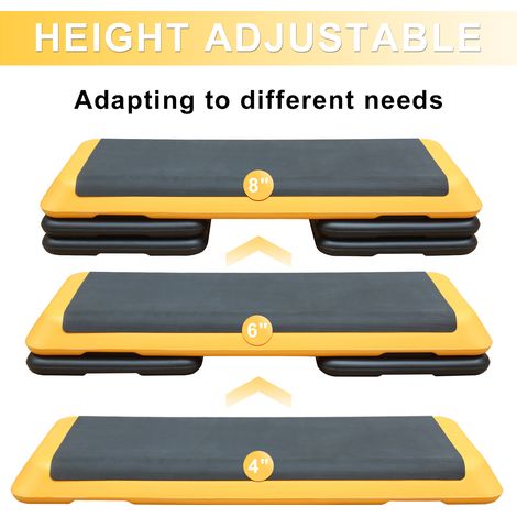 Plateforme de step aérobique de 110 cm, hauteur réglable, avec 4 rehausseurs, idéale pour l'entraînement cardio à domicile (Jaune) (1/4)