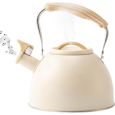 Bouilloire à thé sifflante en acier inoxydable 3L – Poignée isolée en bois – Compatible induction, gaz, vitrocéramique – Beige (1/5)