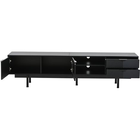 Meuble TV noir moderne 200 x 40 x 50,5 cm avec 2 portes et 2 tiroirs, espace de rangement complet pour TV jusqu'à 80 pouces (1/5)