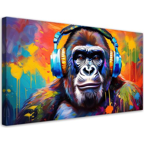 Tableau déco Singe coloré avec des écouteurs 100x50 (1/5)