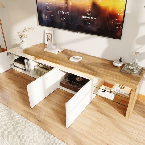 Meuble tv 200x39x42 cm , Meuble Télé avec 3 portes fermées, Console TV avec Réglable LED, Armoire bas tv, Table Télé, blanc, pour Salon, Chambre, pour Télévision jusqu'à 65 Pouces