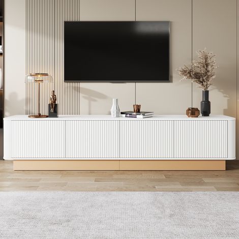 Comanlai - Meuble TV bas 200 cm - Banc TV luxe cannelé avec 4 portes grand rangement coins arrondis MDF - Blanc (1/5)