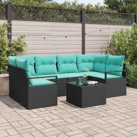 Sofa Set 7 pcs Schwarz und Blau Poly-Rattan