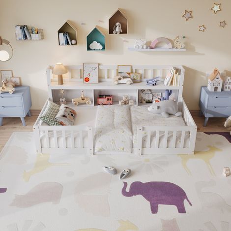 Lit Enfant Montessori 90×200 cm Bois Massif Blanc, Barrières Anti-Chute Périphériques, Bibliothèque Intégrée,Lit simple Bas Sécurisé (1/5)
