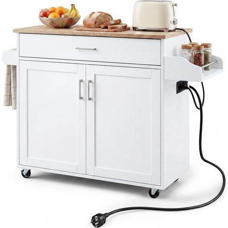 COSTWAY Carrello da Cucina con Ruote di Gomma, Scaffale per Microonde (Bianco,con presa) (1/5)