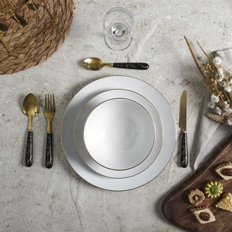 The Home Deco Factory – Service de table en porcelaine 12 pièces – 4 assiettes plates, 4 assiettes à dessert, 4 bols – Finition blanche avec filet doré