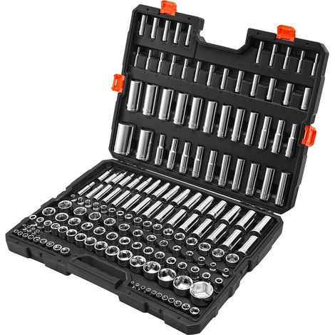 Mophorn Set di Bussole, 163 Pezzi, Utensili per Bussole da 9,5/6,4/12,7 mm, SAE e Metriche, Profonde e Standard, con Custodia, Acciaio Legato CR-V Cromato, Ideale per Riparazioni Automobilistiche (1/5)