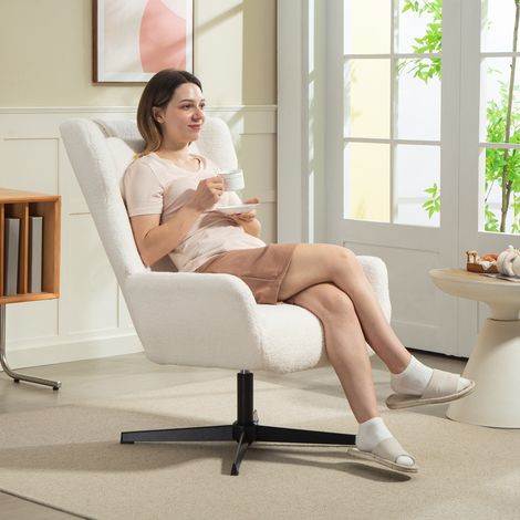 Fauteuil d’accent, blanc crème, cadre métallique, base pivotante, fauteuil rembourré avec housse en polaire