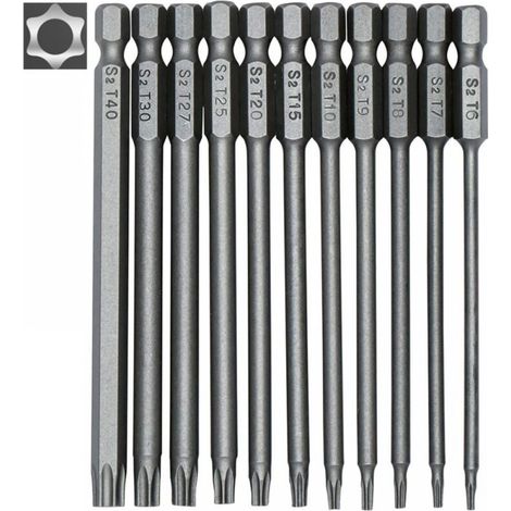 Jeu d'embouts de tournevis longs 11 pièces - embouts magnétiques - tige hexagonale 1/4" - tailles T6 à T40 - longueur 100 mm