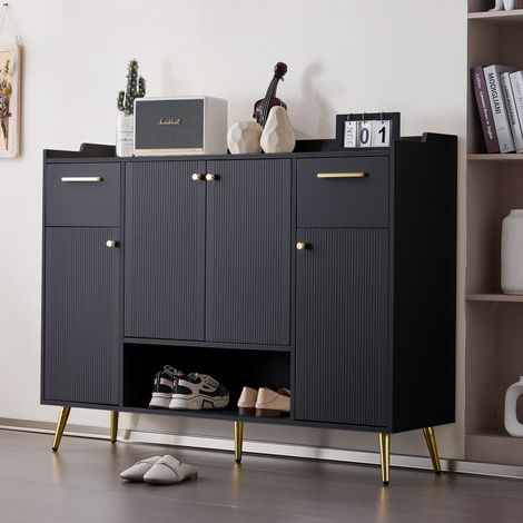URBAN MEUBLE Meuble à chaussures buffet gris anthracite 4 portes 2 tiroirs et pieds dorés 130x37x100cm