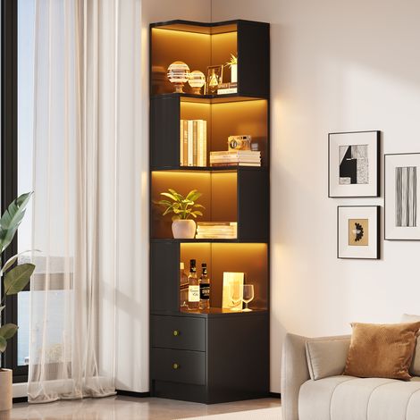 Modernluxe - Étagère d'angle en L 45 x 43,5 x 180 cm - avec éclairage LED - 2 tiroirs et 4 niveaux de rangement - MDF - Noir (1/5)