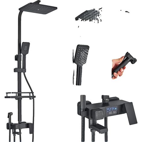 Conjunto de grifería para ducha de baño, pantalla digital con ducha de lluvia, rociador de mano, mezclador de agua fría y caliente, negro, agua fría y caliente, negro (1/2)