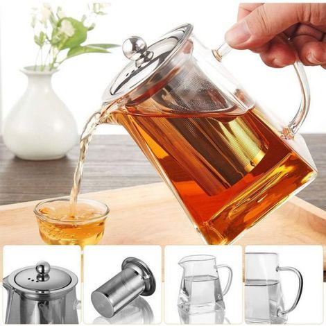 Théière carrée en verre avec infuseur, théière en borosilicate de 550 ml avec filtre, théière transparente pour thé en vrac (1/5)