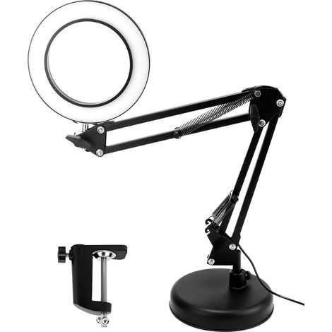 Lampe loupe avec pince et socle, grossissement 10x, 3 modes de couleur et 10 niveaux de luminosité réglables, bras articulé orientable, noire (1/5)