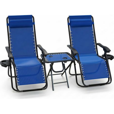 VOUNOT Set of 2 Zero Gravity Chair with Side Table, Reclining Sun Loungers with Cup & Phone Holder, Blue