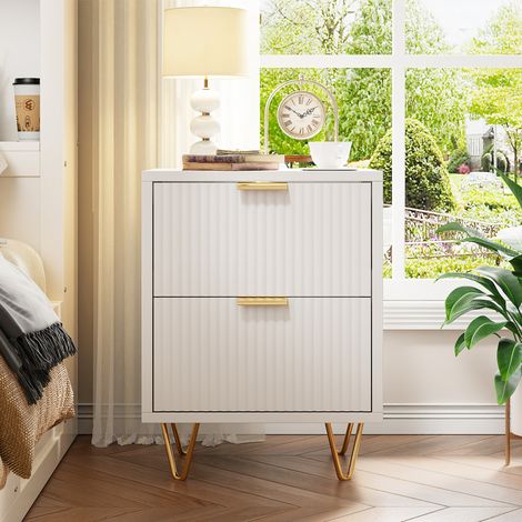 Set di 2 comodini, comodino in legno bianco con 2 cassetti, gambe in metallo, tavolino per soggiorno, tavolino da divano (1/5)
