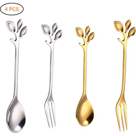 Lot de 4 cuillères et fourchettes vintage en acier inoxydable doré et argenté, forme feuille 12cm, accessoires de cuisine et salle à manger. (1/5)