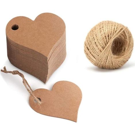(Brown) 100 Pieces Kraft Paper Gift Tags, Valentine's Day Gift Tags, Heart-Shaped Kraft Paper Gift Tags with String for Valentine's Day, Wedding, Christmas, Birthday, Crafts (1/4)