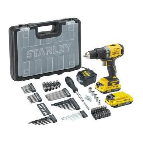 Stanley Werkzeug - 18V Akku-Schlagbohrschrauber mit Zubehör, 2x 2,0 Ah Li-Ion Akku, Ladegerät SFMCD715D2A-QW