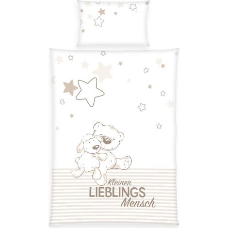 Parure de Lit Réversible pour Enfants, Inscription Kleiner Lieblings Mensch, Housse de Couette 100 x 135 cm, Taie d'Oreiller 40 x 60 cm, Coton/Renforcé, Blanc (1/5)