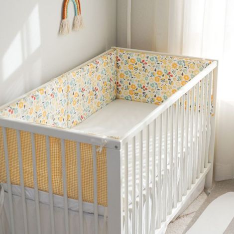 Barrière De Lit Bébé - Tissu Anti-collision En Coton Pur - Motif Écossais Jaune Et Petites Fleurs - 120 X 30 Cm - 1 Pièce
