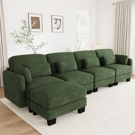 Canapé d’angle modulable 4 places avec pouf, assise large et profonde, coussins lombaires, tissu chenille vert, salon, 330 x 143 x 88 cm (1/5)