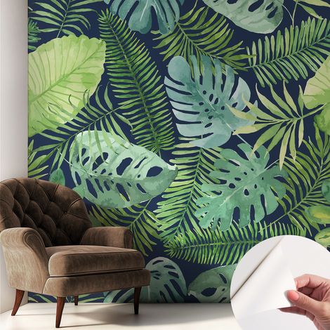 Papier peint adhésif décoratif pour salon chambre et cuisine Facile à poser avec colle Feuilles tropicales 250x250 cm (1/5)