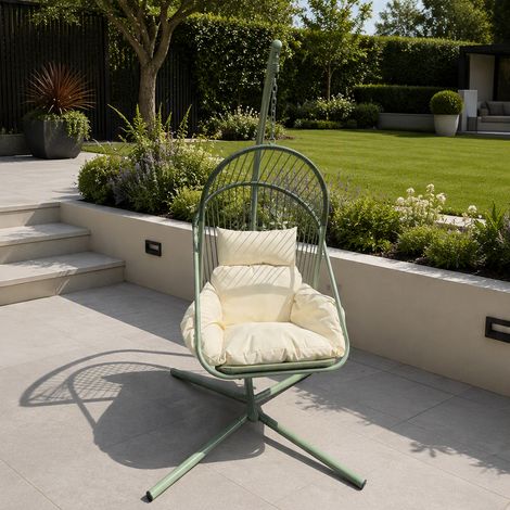 Capri Hanging Egg Chair Steel Frame Waterproof Beige Cushion Garden Outdoor Seat (1/5)
